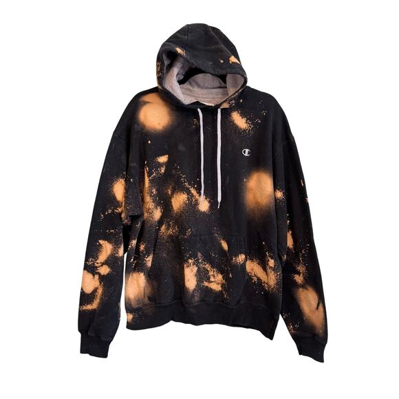 Champion Eco Authentic Hoodie Men XL Black Bleach Tie Dye Gym Workout Sweatshirt - Picture 1 of 7